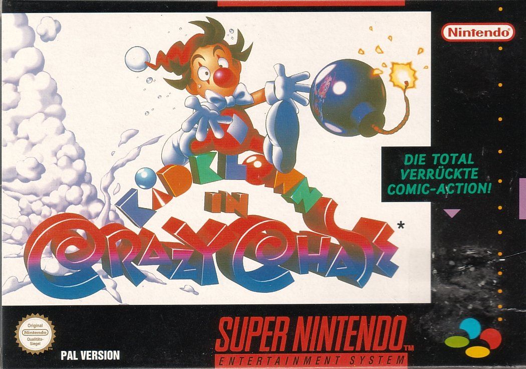 Kid Klown in Crazy Chase box art for Super Nintendo